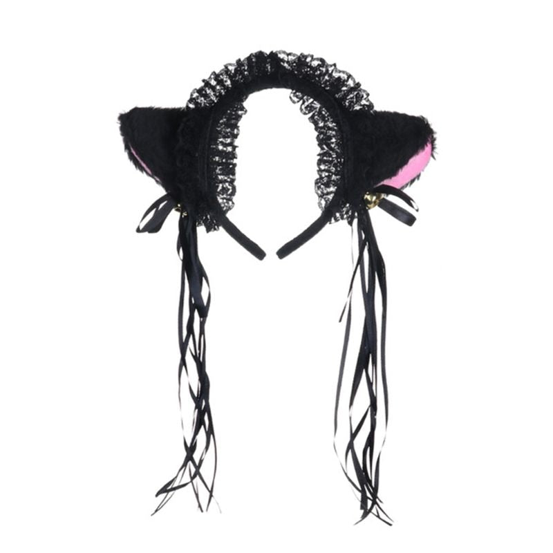 Ruffles Lace Headband Plush Cat Ears Ribbon Bell-Headwear-Animee Cosplay