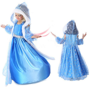 Girls Snow Queen Princess Party Dress Long With Hooded Cloak-Kid Costume-Animee Cosplay