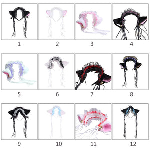 Ruffles Lace Headband Plush Cat Ears Ribbon Bell-Headwear-Animee Cosplay
