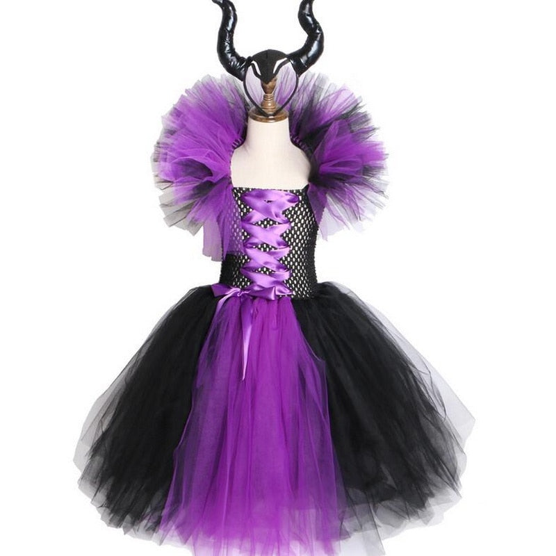 Girls Witch Queen Tutu Tulle Dress with Horns-Kid Costume-Animee Cosplay